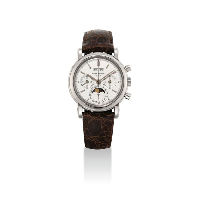 PATEK PHILIPPE. A VERY FINE AND RARE 18K WHITE GOLD PERPETUAL CALENDAR CHRONOGRAPH WRISTWATCH WITH MOON PHASES, 24 HOUR AND LEAP YEAR INDICATION, ORIGINAL CERTIFICATE, ADDITIONAL CASE BACK AND BOX SIGNED PATEK PHILIPPE, GENEVE, REF. 3970, MOVEMENT NO. 876'704, CASE NO. 2'900'826, CIRCA 1995