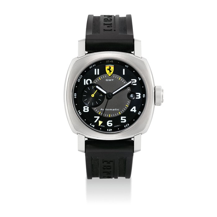 PANERAI. A STAINLESS STEEL LIMITED EDITION CUSHION-SHAPED AUTOMATIC DUAL TIME WRISTWATCH WITH DATE AND 24 HOUR INDICATION SIGNED PANERAI, AUTOMATIC, FERRARI GMT MODEL, NO. F A164/750, REF. F6655, CASE NO. BB 1187594, CIRCA 2006