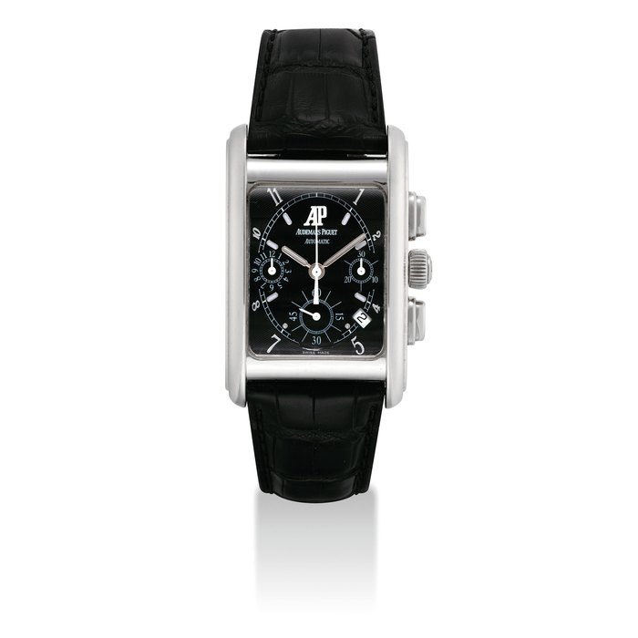 AUDEMARS PIGUET. AN 18K WHITE GOLD RECTANGULAR AUTOMATIC CHRONOGRAPH WRISTWATCH WITH DATE SIGNED AUDEMARS PIGUET, AUTOMATIC, EDWARD PIGUET MODEL, MOVEMENT NO. 501'445, CASE NO. E26225, CIRCA 2006