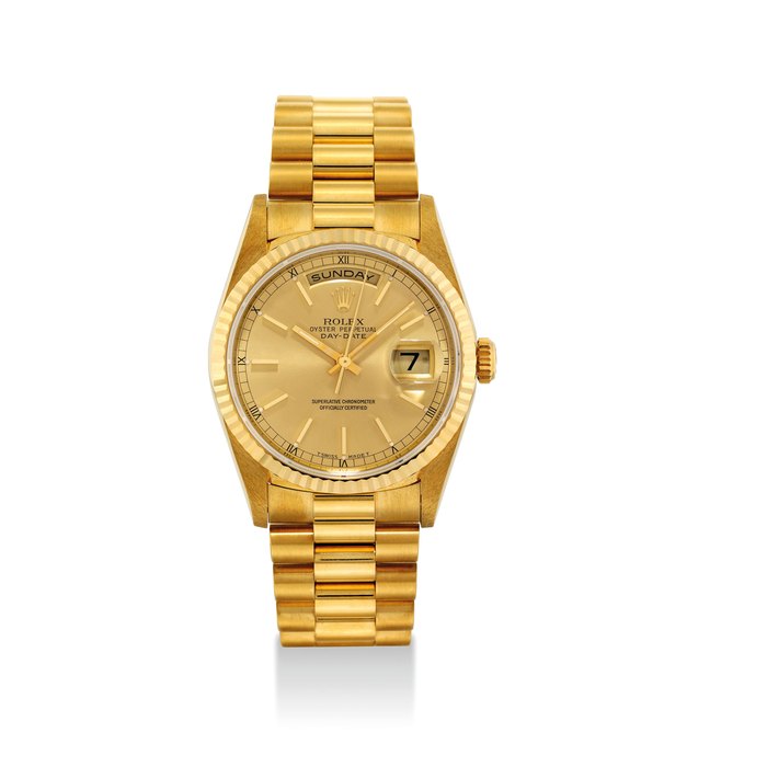 ROLEX. AN 18K GOLD AUTOMATIC WRISTWATCH WITH SWEEP CENTRE SECONDS, DAY, DATE AND BRACELET SIGNED ROLEX, OYSTER PERPETUAL, DAY-DATE MODEL, REF. 18238, CASE NO. W741224, CIRCA 1994
