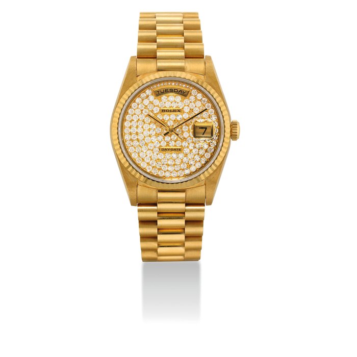 ROLEX. A FINE 18K GOLD AND DIAMOND-SET AUTOMATIC WRISTWATCH WITH SWEEP CENTRE SECONDS, DATE AND BRACELET SIGNED ROLEX, DAY-DATE MODEL, REF. 18238, CASE NO. W120216, CIRCA 1994