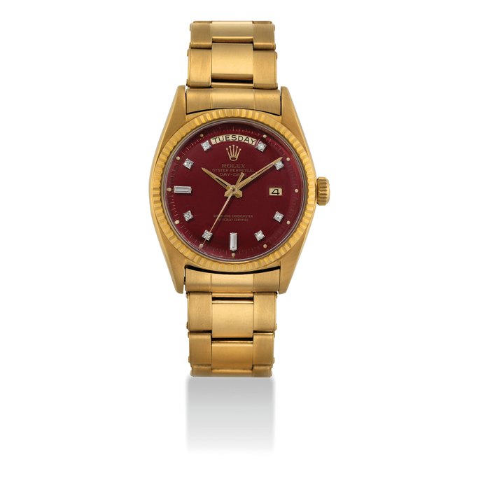 ROLEX. A FINE, ATTRACTIVE AND RARE 18K GOLD AND DIAMOND-SET AUTOMATIC WRISTWATCH WITH SWEEP CENTRE SECONDS, DAY, DATE, BRACELET AND OXBLOOD LACQUERED DIAL SIGNED ROLEX, OYSTER PERPETUAL, DAY-DATE MODEL, REF. 1803, CASE NO. 883'859, CIRCA 1962