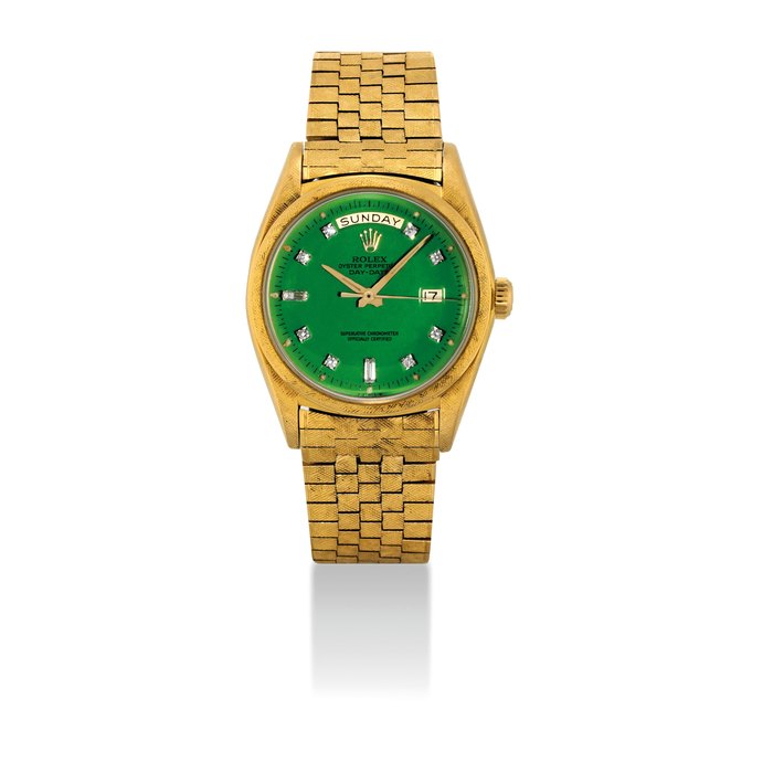 ROLEX. A FINE, ATTRACTIVE AND VERY RARE 18K GOLD AND DIAMOND-SET AUTOMATIC WRISTWATCH WITH SWEEP CENTRE SECONDS, DAY, DATE, BRACELET AND GREEN LACQUERED DIAL SIGNED ROLEX, OYSTER PERPETUAL, DAY-DATE MODEL, REF. 1806, CASE NO. 853'719, CIRCA 1952