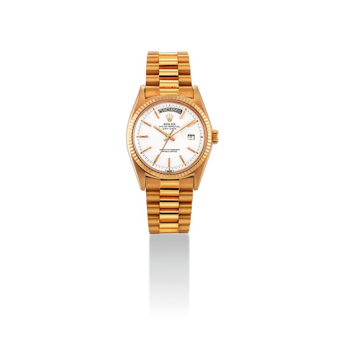 ROLEX. A FINE AND ATTRACTIVE 18K PINK GOLD AUTOMATIC WRISTWATCH WITH SWEEP CENTRE SECONDS, DAY, DATE AND BRACELET SIGNED ROLEX, OYSTER PERPETUAL, DAY-DATE MODEL, REF. 1803, CASE NO. 2'895'007, CIRCA 1971
