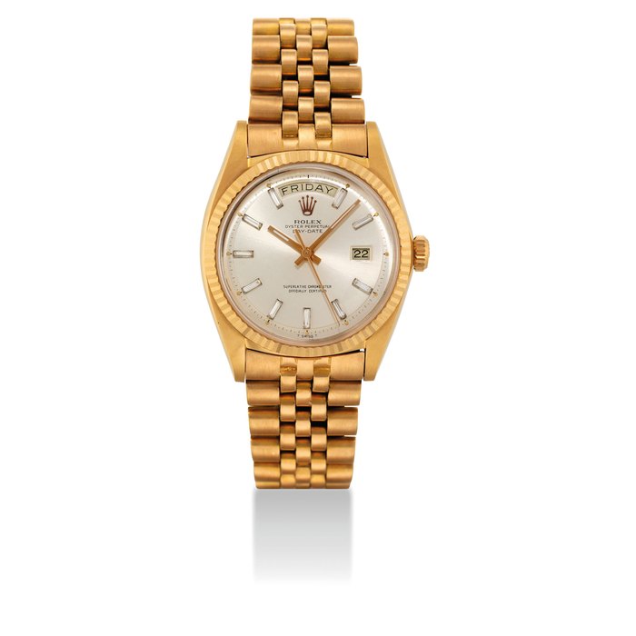 ROLEX. A FINE AND VERY RARE 18K PINK GOLD AND DIAMOND-SET AUTOMATIC WRISTWATCH WITH SWEEP CENTRE SECONDS, DAY, DATE AND BRACELET SIGNED ROLEX, OYSTER PERPETUAL, DAY-DATE, REF. 1803, CASE NO. 3'080'610, CIRCA 1972