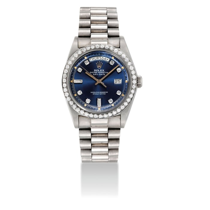 ROLEX. A FINE AND VERY RARE PLATINUM AND DIAMOND-SET AUTOMATIC WRISTWATCH WITH SWEEP CENTRE SECONDS, DAY, DATE AND BRACELET SIGNED ROLEX, OYSTER PERPETUAL, DAY-DATE MODEL, REF. 1804, CASE NO. 5'205'905, CIRCA 1977