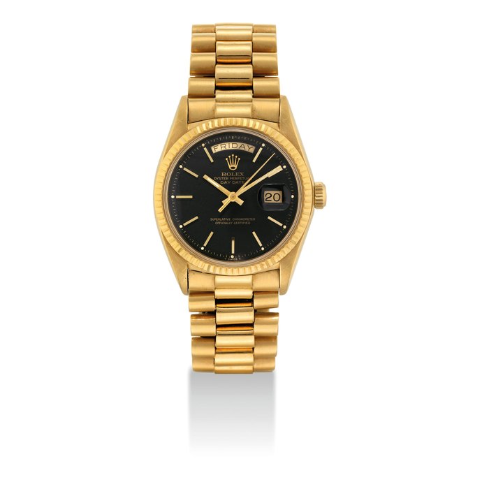 ROLEX. AN ATTRACTIVE 18K GOLD AUTOMATIC WRISTWATCH WITH SWEEP CENTRE SECONDS, DAY, DATE, BRACELET AND BLACK DIAL SIGNED ROLEX, OYSTER PERPETUAL, DAY DATE MODEL, REF. 1803, CASE NO. 2'472'010, CIRCA 1968
