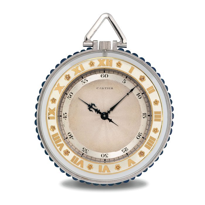Cartier CARTIER. A VERY FINE AND RARE 18K GOLD, PLATINUM, ROCK CRYSTAL, ENAMEL AND SAPPHIRE OPENFACE KEYLESS LEVER DRESS WATCH SIGNED CARTIER, EUROPEAN WATCH AND CLOCK CO. INC., MANUFACTURED IN 1927