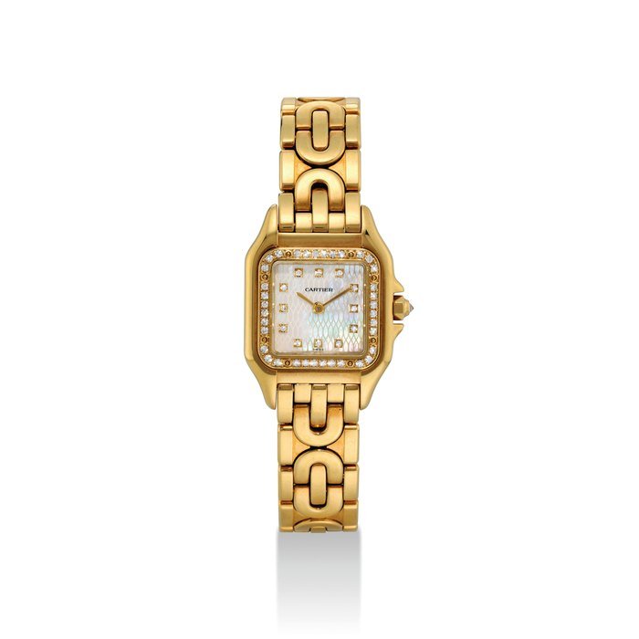Cartier CARTIER. A LADY'S 18K GOLD AND DIAMOND-SET SQUARE WRISTWATCH WITH MOTHER-OF-PEARL DIAL AND BRACELET SIGNED CARTIER, PANTHERE MODEL, REF. 1280 2, CASE NO. MG252318, CIRCA 1995