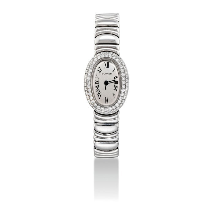 Cartier CARTIER. A LADY'S FINE 18K WHITE GOLD AND DIAMOND-SET OVAL BRACELET WATCH SIGNED CARTIER, MINI BAIGNOIRE MODEL, REF. 2369, CASE NO. MG308424, CIRCA 2000