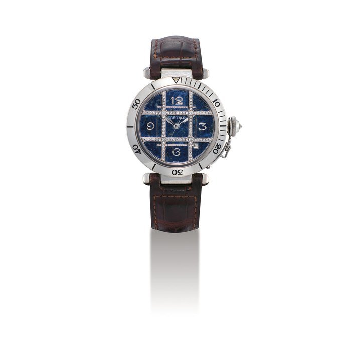 Cartier CARTIER. A FINE AND RARE 18K WHITE GOLD AND DIAMOND-SET WRISTWATCH WITH SWEEP CENTRE SECONDS, DATE AND LAPIS LAZULI DIAL SIGNED CARTIER, PASHA MODEL, REF. 2332, CASE NO. MG246915, CIRCA 2000