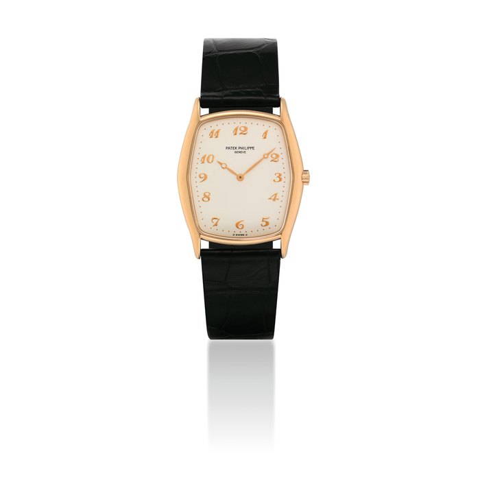 PATEK PHILIPPE. A FINE 18K PINK GOLD TONNEAU-SHAPED WRISTWATCH WITH BREGUET NUMERALS SIGNED PATEK PHILIPPE, GENEVE, REF. 3842, MOVEMENT NO. 1'377'480, CASE NO. 2'978'881, MANUFACTURED IN 1998