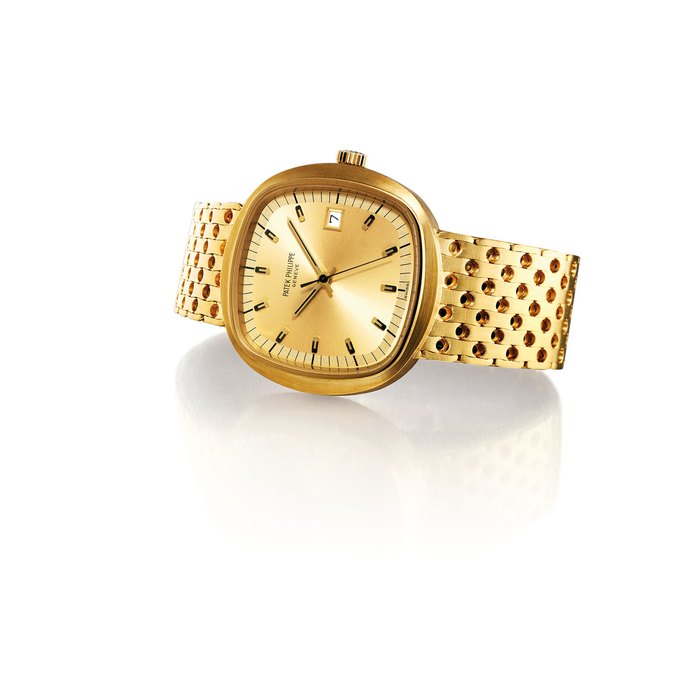 PATEK PHILIPPE. A RARE OVERSIZED 18K GOLD CUSHION-SHAPED ELECTRONIC BRACELET WATCH WITH SWEEP CENTRE SECONDS, DATE AND ORIGINAL CERTIFICATE SIGNED PATEK PHILIPPE, GENEVE, REF. 3587/2, MOVEMENT NO. 6022, CASE NO. 2'699'533, MANUFACTURED IN 1972