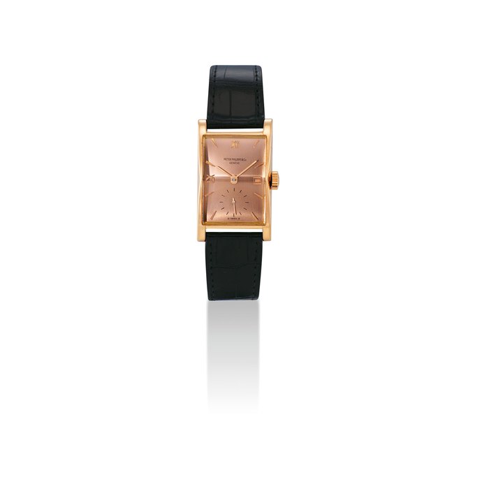 PATEK PHILIPPE. A FINE AND RARE 18K PINK GOLD RECTANGULAR WRISTWATCH WITH ROSE DIAL SIGNED PATEK PHILIPPE & CO, GENEVE, REF. 1588, MOVEMENT NO. 838'313, CASE NO. 641'130, MANUFACTURED IN 1946