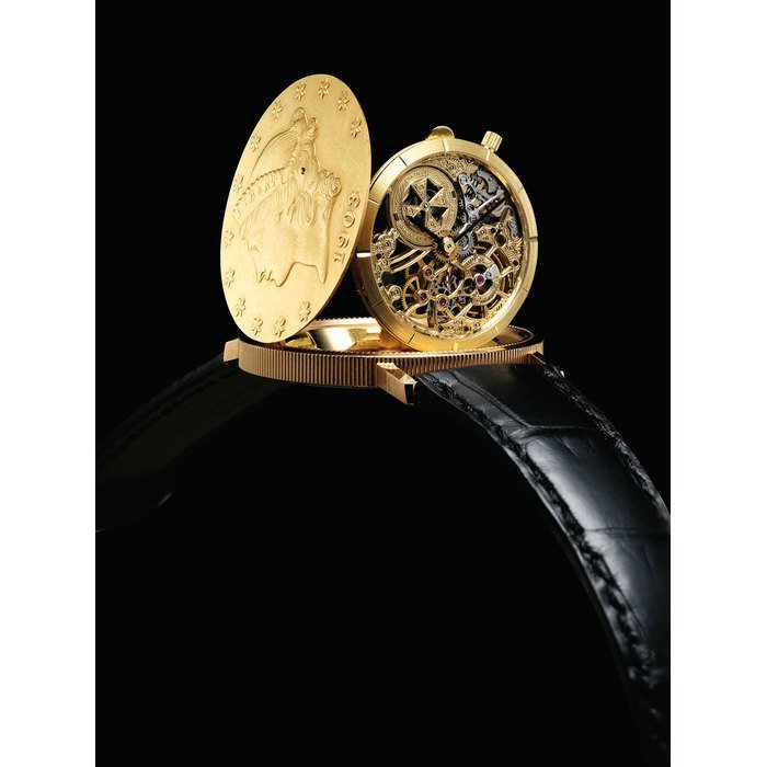 Vacheron Constantin VACHERON CONSTANTIN. A FINE AND RARE 18K GOLD TWENTY DOLLAR COIN SKELETONISED WRISTWATCH SIGNED VACHERON CONSTANTIN, GENEVE, REF. 33059, MOVEMENT NO. 627'061, CASE NO. 747'128, MANUFACTURED IN 1995