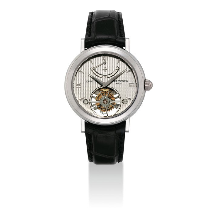 Vacheron Constantin VACHERON CONSTANTIN. A FINE AND RARE PLATINUM TWIN BARREL TOURBILLON WRISTWATCH WITH POWER RESERVE SIGNED VACHERON CONSTANTIN, GENEVE, LES COMPLICATIONS TOURBILLON MODEL, NO. 6, REF. 30050, MOVEMENT NO. 816'537, CASE NO. 633'263, CIRCA 1995