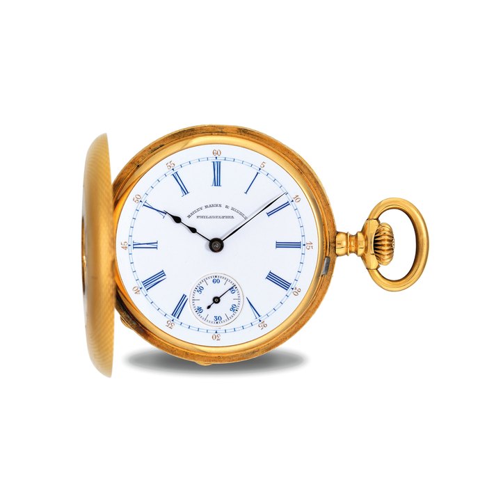 PATEK PHILIPPE. A RARE 18K GOLD HALF HUNTER CASE KEYLESS LEVER WATCH SIGNED PATEK PHILIPPE & CO., GENEVA, RETAILED BY BAILEY, BANKS AND BIDDLE, PHILADELPHIA, NO. 59'528, MANUFACTURED IN 1897