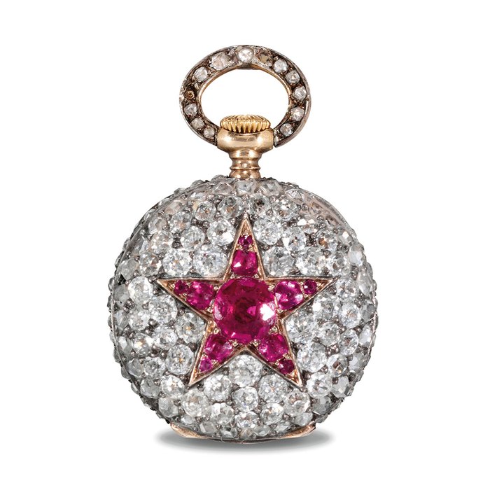 PATEK PHILIPPE. A VERY FINE AND RARE 18K PINK GOLD, DIAMOND AND RUBY OPENFACE KEYLESS LEVER PENDANT WATCH SIGNED PATEK PHILIPPE & CO., GENEVA, MOVEMENT NO. 90'715, MANUFACTURED IN 1892