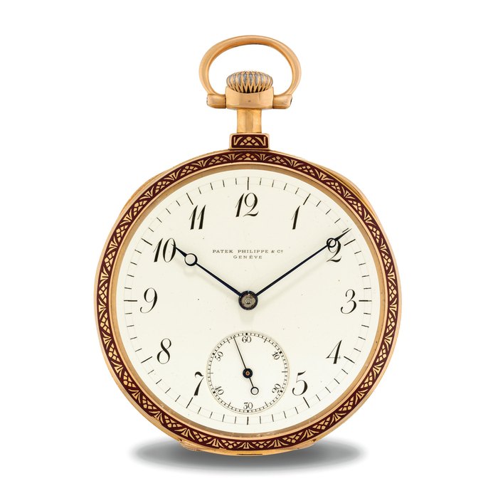 PATEK PHILIPPE. A FINE AND RARE 18K PINK GOLD OPENFACE KEYLESS LEVER WATCH WITH TINTED ENAMEL DIAL SIGNED PATEK PHILIPPE & CO., GENEVA, RETAILED BY KLEIN & FINK, FORT-SMITH, ARK, MOVEMENT NO. 103'534, CASE NO. 216'312, MANUFACTURED IN 1895