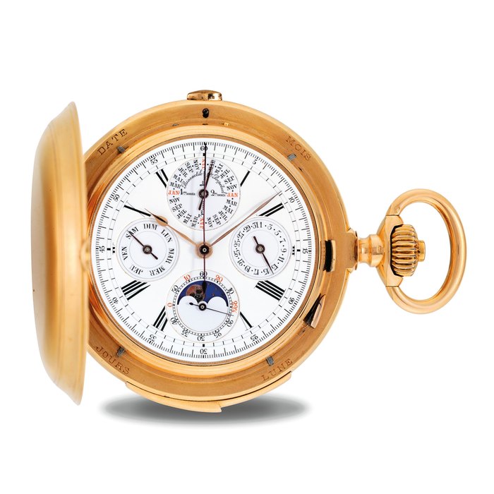 SWISS. A FINE AND HEAVY 18K PINK GOLD HUNTER CASE MINUTE REPEATING PERPETUAL CALENDAR CHRONOGRAPH KEYLESS LEVER POCKET WATCH WITH MOON PHASES UNSIGNED, CASE NO. 1104, CIRCA 1890