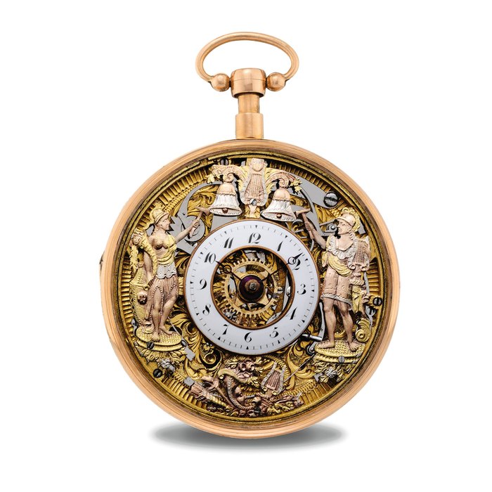 SWISS. A RARE 18K PINK GOLD SKELETONISED OPENFACE QUARTER REPEATING KEYWOUND VERGE WATCH WITH JACQUEMARTS UNSIGNED, CIRCA 1820