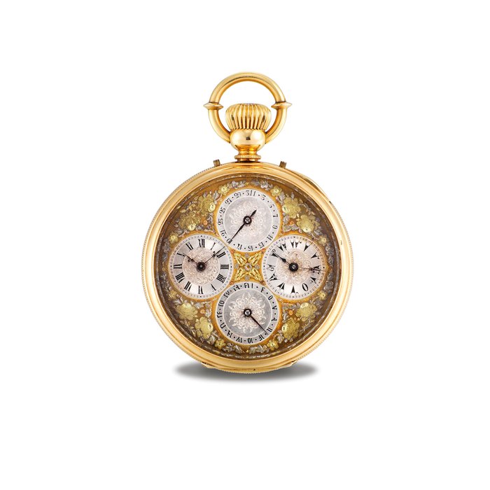SWISS. A VERY RARE 18K GOLD AND ENAMEL OPENFACE KEYLESS LEVER DUAL MOVEMENT WATCH WITH DUAL TIME INDICATION AND DATE, MADE FOR THE TURKISH MARKET UNSIGNED, CIRCA 1850