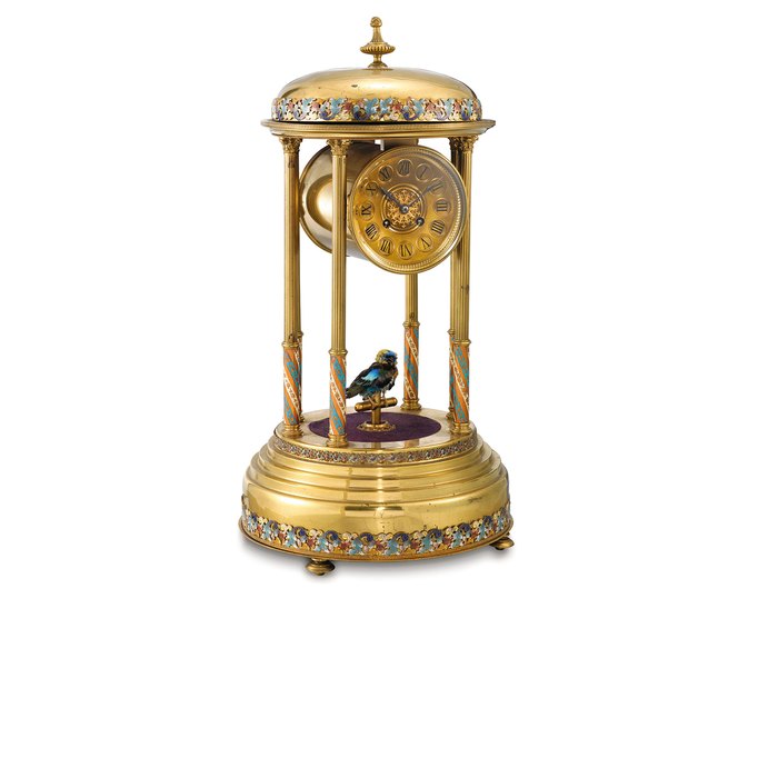 A FRENCH CHAMPLEVÉ ENAMEL AND GILT-BRONZE STRIKING AND MUSICAL MANTEL CLOCK WITH SINGING BIRD UNSIGNED, CIRCA 1880