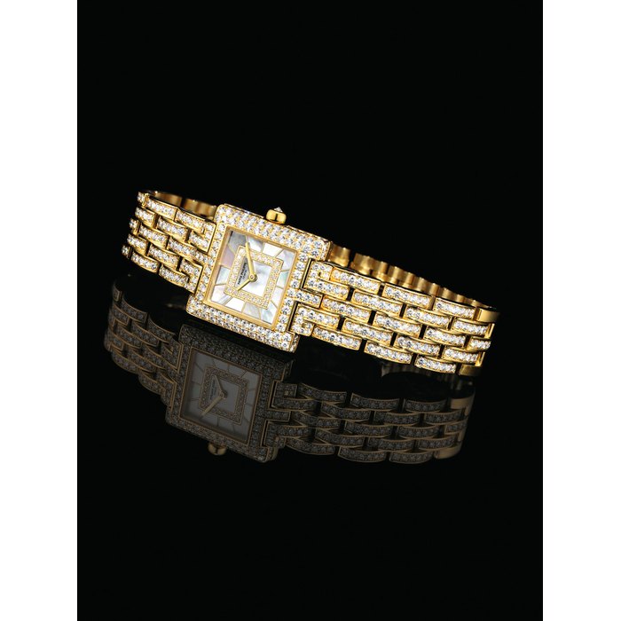 PATEK PHILIPPE. A LADY'S FINE AND ELEGANT 18K GOLD AND DIAMOND-SET SQUARE WRISTWATCH WITH BRACELET AND MOTHER-OF-PEARL DIAL SIGNED PATEK PHILIPPE, GENEVE, GONDOLO MODEL, REF. 4874, MOVEMENT NO. 1'678'724, CASE NO. 4'102'861, MANUFACTURED IN 2002