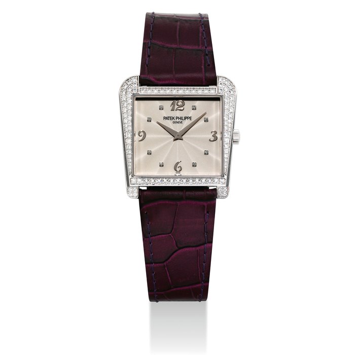 PATEK PHILIPPE. A LADY'S FINE AND RARE 18K WHITE GOLD AND DIAMOND-SET LIMITED EDITION TRAPEZOIDAL WRISTWATCH WITH ORIGINAL CERTIFICATE AND BOX, MADE FOR THE HONG KONG MARKET SIGNED PATEK PHILIPPE, GENEVE, GONDOLO TRAPEZE MODEL, REF. 4888, MOVEMENT NO. 5'637'763, CASE NO. 4'372'272, CIRCA 2012