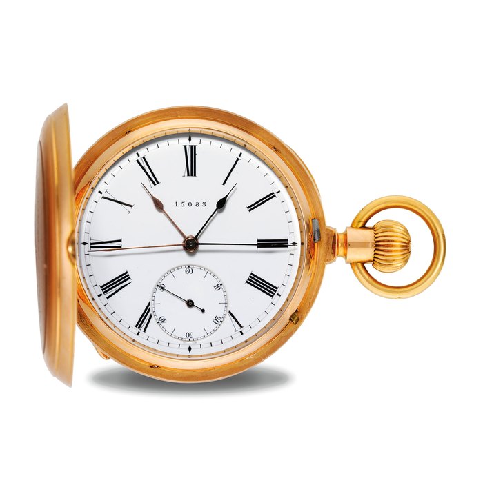A. LANGE & SÖHNE. A FINE AND RARE 18K PINK GOLD HUNTER CASE DUAL TIME KEYLESS LEVER CHRONOMETER WITH QUALITY 1A MOVEMENT UNSIGNED, NO. 15083, CIRCA 1880
