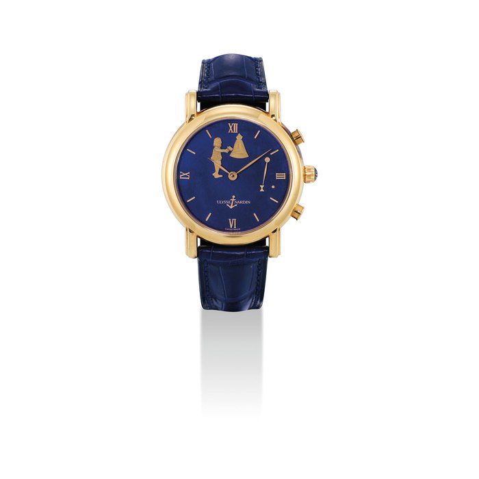 ULYSSE NARDIN. A FINE AND RARE 18K GOLD AUTOMATIC HOUR STRIKING AND REPEATING WRISTWATCH WITH ENAMEL DIAL AND JAQUEMART SIGNED ULYSSE NARDIN, SONNERIE EN PASSANT, SAN MARCO MODEL, REF. 756-22, CASE NO. 40, CIRCA 2000