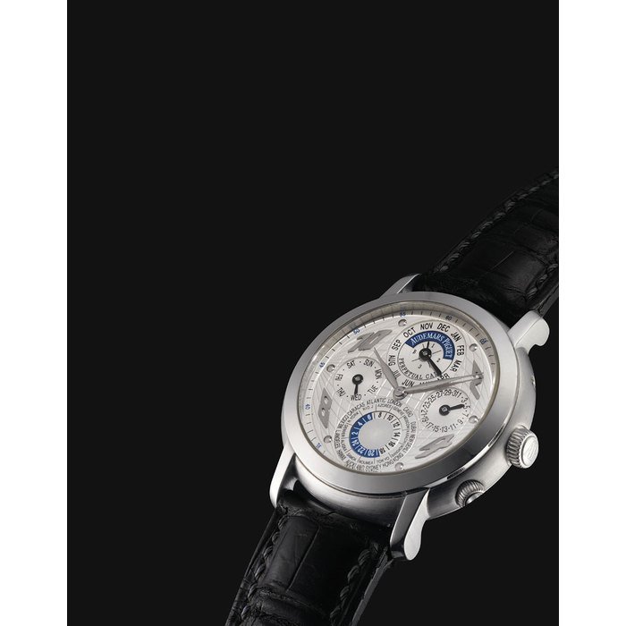 Audemars Piguet AUDEMARS PIGUET. A VERY FINE AND RARE PLATINUM AUTOMATIC PERPETUAL CALENDAR WORLD TIME WRISTWATCH WITH LEAP YEAR INDICATION SIGNED AUDEMARS PIGUET, JULES AUDEMARS, AUTOMATIQUE, QUANTIEME PERPETUAL METROPOLIS MODEL, MOVEMENT NO. 548'381, CASE NO. E68460, CIRCA 2002
