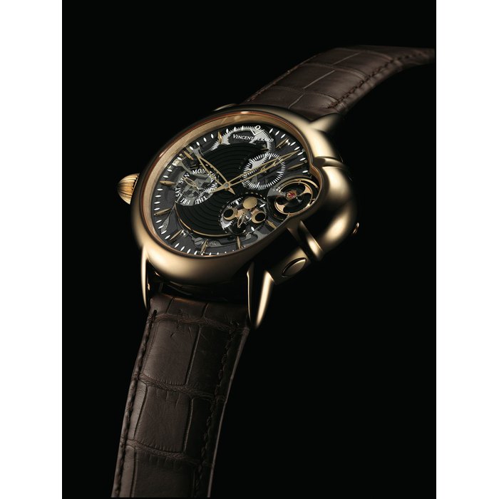 Vincent Berard VINCENT BERARD. AN 18K PINK GOLD LEFT-HANDED SEMI-SKELETONISED WRISTWATCH WITH MONTHLY LUNAR CYCLE AND DAY SIGNED VINCENT BERARD, BALANCIER MYSTERIEUX 240 HEURES MODEL, REF. LUV2 018, CIRCA 2008, Price & Market Data