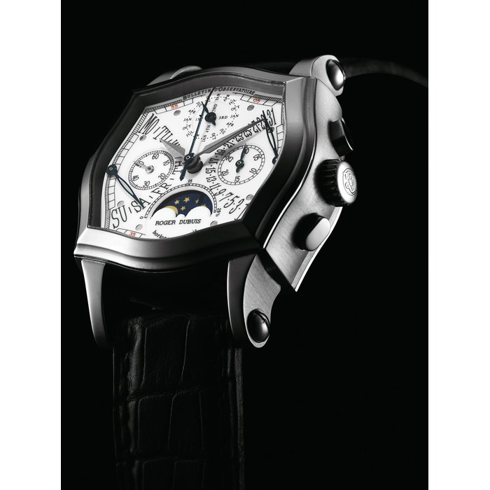 ROGER DUBUIS. A VERY FINE 18K WHITE GOLD LIMITED EDITION SQUARE-SHAPED PERPETUAL CALENDAR CHRONOGRAPH DOUBLE RETROGRADE WRISTWATCH WITH MOON PHASES AND LEAP YEAR INDICATION SIGNED ROGER DUBUIS, SYMPATHIE MODEL, NO., REF. S34 5637 0, MOVEMENT NO. 64, CASE NO. 196'908, CIRCA 1999