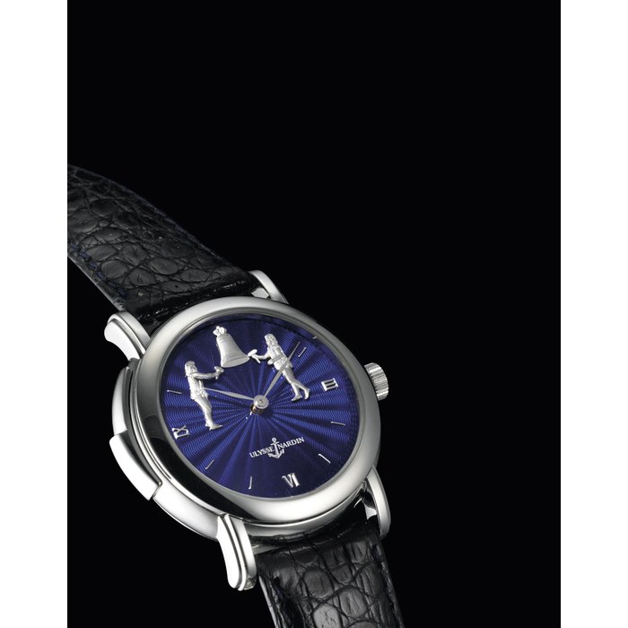 ULYSSE NARDIN. A FINE AND VERY RARE PLATINUM LIMITED EDITION MINUTE REPEATING WRISTWATCH WITH JACQUEMART AUTOMATON AND ENAMEL DIAL SIGNED ULYSSE NARDIN, SAN MARCO MODEL, NO. 11, REF. 709-20, CIRCA 2000