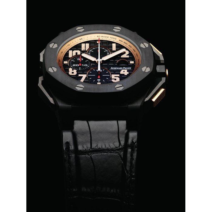 Audemars Piguet AUDEMARS PIGUET. A FINE, RARE AND OVERSIZED 18K PINK GOLD, TITANIUM AND CERAMIC LIMITED EDITION AUTOMATIC CHRONOGRAPH WRISTWATCH WITH DATE SIGNED AUDEMARS PIGUET, ROYAL OAK OFFSHORE ARNOLD SCHWARZENEGGER THE LEGACY MODEL, NO. 190/1500, MOVEMENT NO. 731'364, CASE NO. H15087, CIRCA 2011