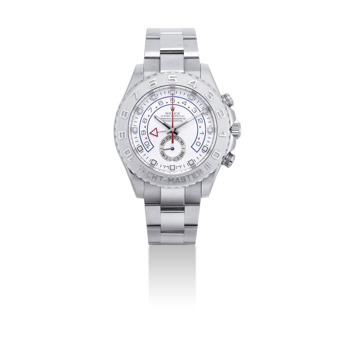 Rolex ROLEX. AN 18K WHITE GOLD AUTOMATIC REGATTA CHRONOGRAPH WRISTWATCH WITH COUNTDOWN INDICATION AND BRACELET SIGNED ROLEX, OYSTER PERPETUAL, YACHT-MASTER II MODEL, REF. 116689, CASE NO. V252882, CIRCA 2008