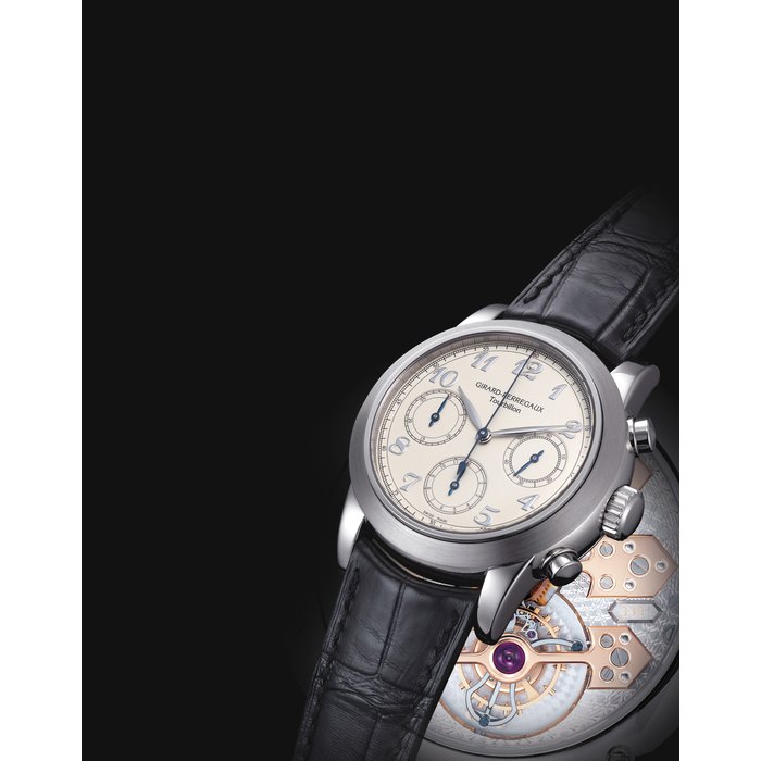 GIRARD-PERREGAUX. A VERY FINE AND RARE 18K WHITE GOLD THREE GOLD BRIDGES TOURBILLON CHRONOGRAPH WRISTWATCH WITH BREGUET NUMERALS SIGNED GIRARD-PERREGAUX, TOURBILLON WITH THREE GOLD BRIDGES, CHRONOGRAPH MODEL, REF. 99150-53-821-BA6A, NO. 4, CIRCA 2012