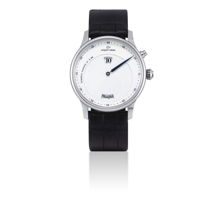 Jaquet Droz JAQUET DROZ. A FINE AND RARE 18K WHITE GOLD LIMITED EDITION AUTOMATIC JUMP HOUR WORLD TIME WRISTWATCH WITH ENAMEL DIAL SIGNED JAQUET DROZ, THE TWELVE CITIES MODEL, NO., REF. J010124202, MOVEMENT 000'183, CIRCA 2008, Price & Market Data