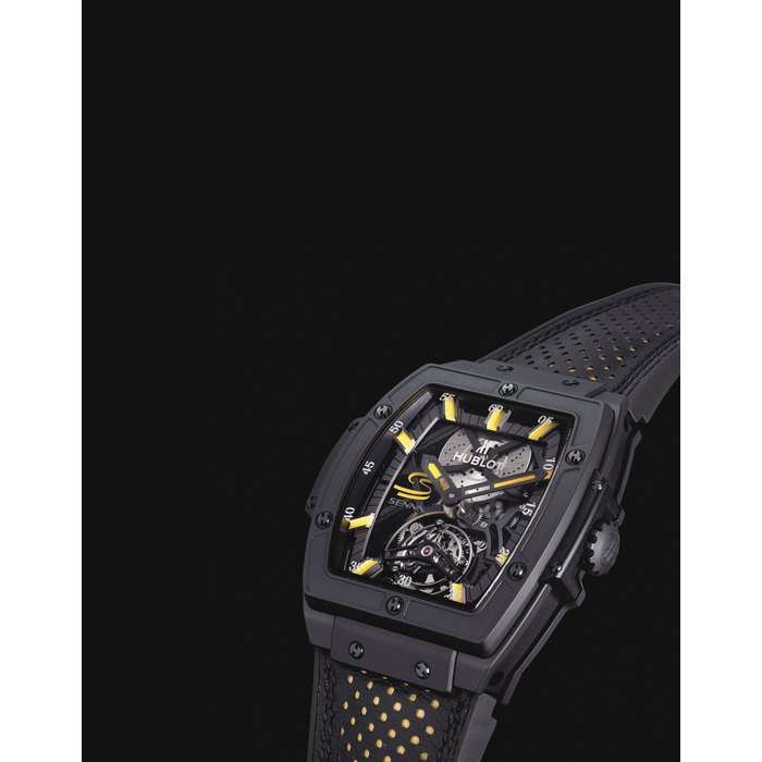 HUBLOT. A FINE AND RARE BLACK PVD-COATED TITANIUM LIMITED EDITION TONNEAU-SHAPED SKELETONISED TOURBILLION WRISTWATCH SIGNED HUBLOT, MP-06 SENNA ALL BLACK MODEL, REF. 906.ND.0129.VR.AES12, NO. 09/41, CASE NO. 938'281, CIRCA 2013