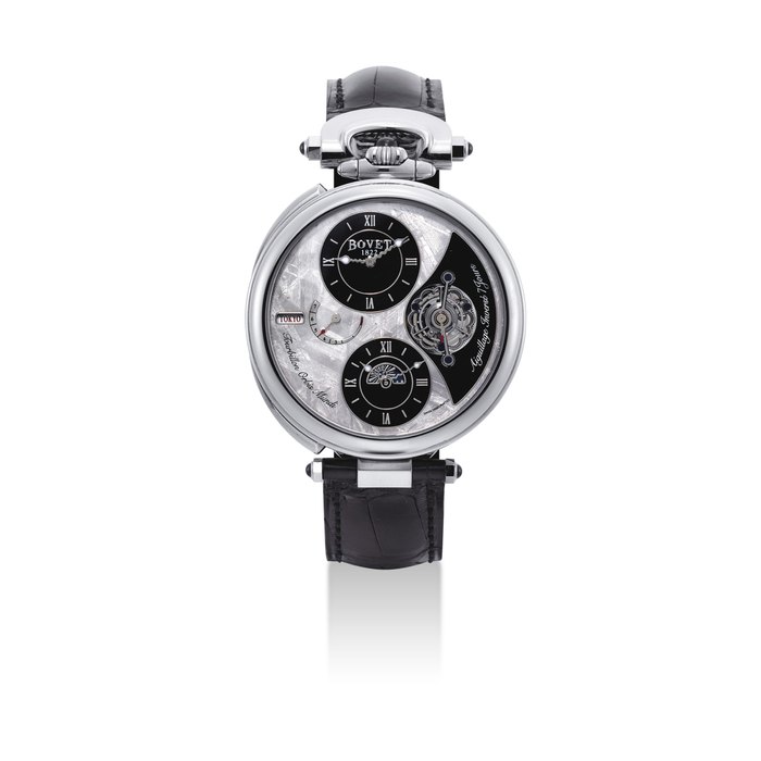 BOVET. A FINE AND RARE 18K WHITE GOLD LIMITED EDITION DUAL TIME TOURBILLION CONVERTIBLE TIMEPIECE WITH 7 DAY POWER RESERVE, DAY AND NIGHT INDICATION AND METEORITE DIAL SIGNED BOVET, 1822, AMADEO FLEURIER 46, TOURBILLON ORBIS MUNDI MODEL, NO., CASE NO. 014'369, CIRCA 2012