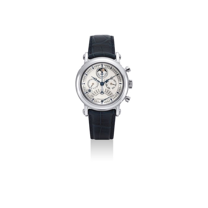 FRANCK MULLER. A FINE PLATINUM DOUBLE-DIAL AUTOMATIC PERPETUAL CALENDAR CHRONOGRAPH WRISTWATCH WITH RETROGRADE EQUATION OF TIME, MOON PHASES, 24 HOUR AND LEAP YEAR INDICATION SIGNED FRANCK MULLER, GENEVE, REF. 7000 QPE, NO. 03, CIRCA 1998