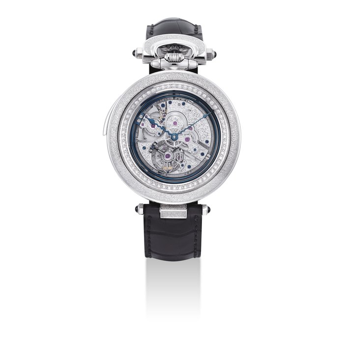 BOVET. A VERY FINE AND RARE 18K WHITE GOLD AND DIAMOND-SET SEMI-SKELETONISED MINUTE REPEATING TOURBILLION CONVERTIBLE TIMEPIECE SIGNED BOVET, AMADEO FLEURIER 46 MODEL, CASE NO. 016'783, CIRCA 2012