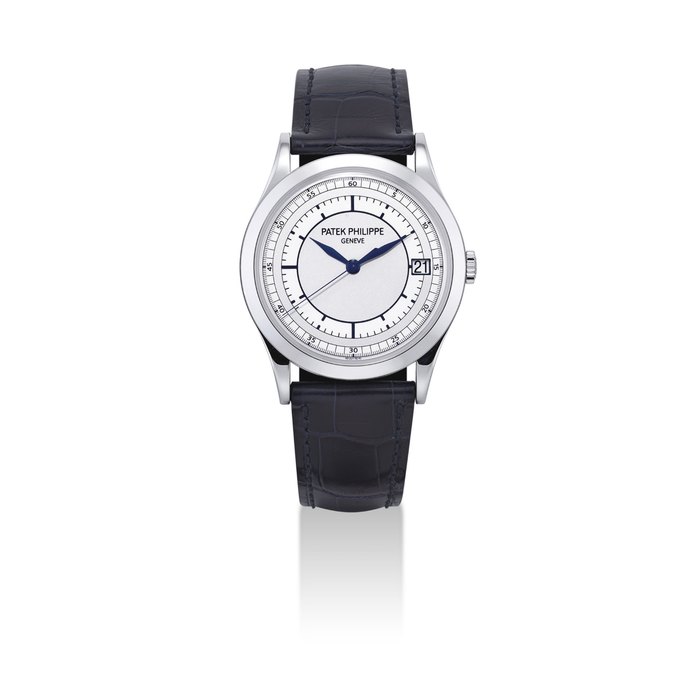 PATEK PHILIPPE. A FINE 18K WHITE GOLD AUTOMATIC WRISTWATCH WITH SWEEP CENTRE SECONDS, DATE AND TWO-TONE SILVERED SECTOR DIAL SIGNED PATEK PHILIPPE, GENEVE, CALATRAVA MODEL, REF. 5296, MOVEMENT NO. 3'618'674, CASE NO. 4'380'475, CIRCA 2007