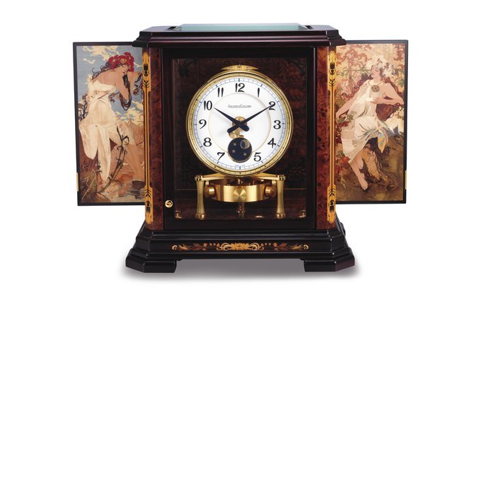 Jaeger-Lecoultre JAEGER-LECOULTRE. AN EXTREMELY FINE AND RARE GILT BRASS AND WOOD LIMITED EDITION ART NOUVEAU STYLE ATMOS CLOCK WITH MOON PHASES AND WOOD MARQUETRY PANELS BY PHILIPPE MONTI AND JÉRÔME BOUTTEÇON SIGNED JAEGER-LECOULTRE, ATMOS MARQUETERIE 4 SAISON MODEL, NO. 12/25, REF. 15.226.027.2, MOVEMENT NO. 692'013, CASE NO. 2'260'272, MANUFACTURED IN 1996