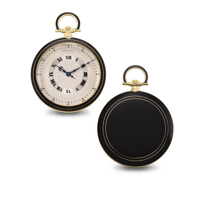 Cartier CARTIER. A FINE 18K GOLD AND ENAMEL OPENFACE KEYLESS LEVER DRESS WATCH WITH TWO-TONE SILVERED DIAL SIGNED CARTIER, MOVEMENT SIGNED EUROPEAN WATCH & CLOCK CO. INC., CASE NO. 19'217, CIRCA 1925