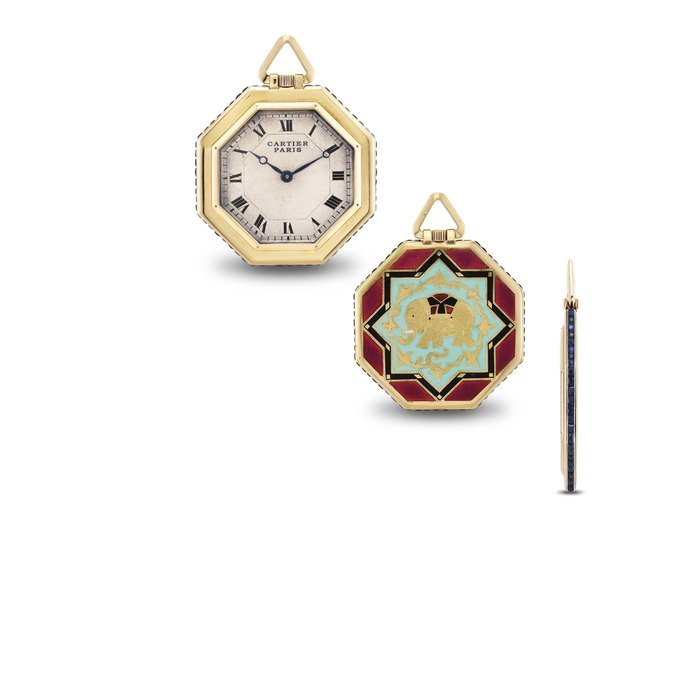 Cartier CARTIER. A VERY FINE AND RARE 18K GOLD, ENAMEL AND SAPPHIRE-SET OCTAGONAL OPENFACE KEYLESS LEVER WATCH SIGNED CARTIER, PARIS, MOVEMENT SIGNED EUROPEAN WATCH & CLOCK CO. INC., CASE NO. 10'366, CIRCA 1920
