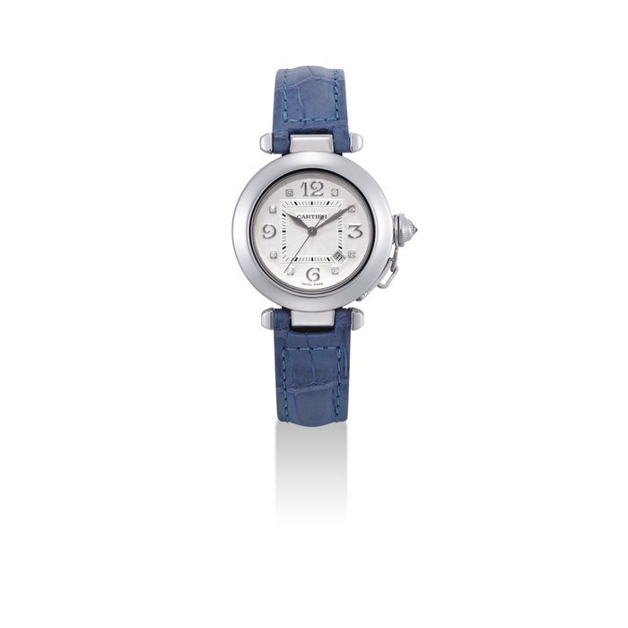 Cartier CARTIER. A LADY'S FINE 18K WHITE GOLD AND DIAMOND-SET AUTOMATIC WRISTWATCH WITH SWEEP CENTRE SECONDS AND DATE SIGNED CARTIER, PASHA MODEL, REF. 2398, CASE NO. 342017MG, CIRCA 2005