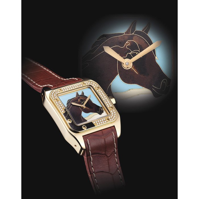 Cartier CARTIER. A FINE 18K GOLD AND DIAMOND-SET LIMITED EDITION SQUARE AUTOMATIC WRISTWATCH WITH CLOISONNÉ ENAMEL DIAL SIGNED CARTIER, SANTOS 100 MODEL, NO., REF. 2732, CASE NO. 131920NX, CIRCA 2012
