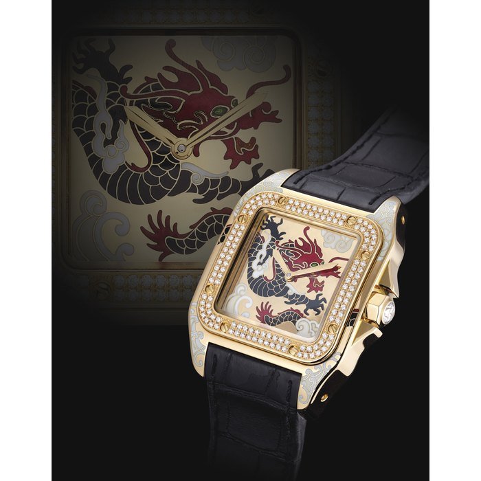 Cartier CARTIER. A VERY FINE 18K GOLD, ENAMEL AND DIAMOND-SET LIMITED EDITION SQUARE AUTOMATIC WRISTWATCH SIGNED CARTIER, CARTIER D'ART SANTOS 100 DRAGON MODEL, REF. 2732J, NO. 18/25, CIRCA 2007